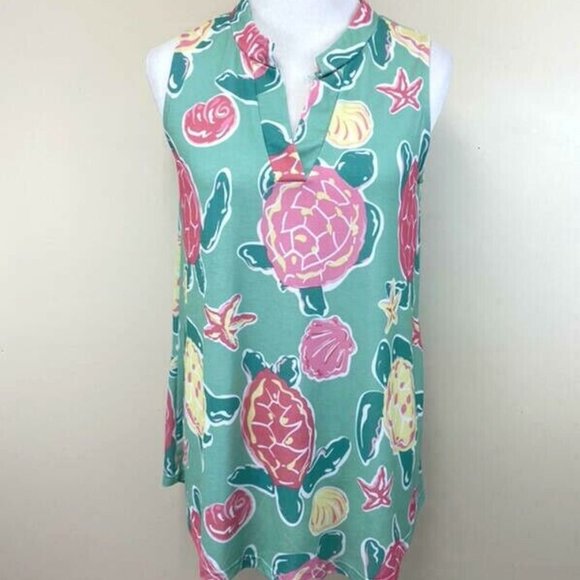 Simply Southern S Mint Turtle Rose Floral Top Blouse Shirt Sleeveless - Picture 1 of 4